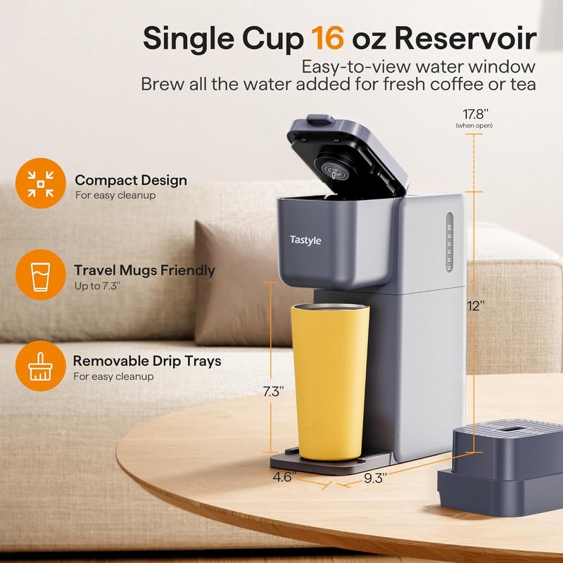 Tastyle Single Serve Coffee Maker for K Cup, Ground and Tea, Hot and Iced Coffee Machines with Bold Setting, 6 to 16 Oz Brew Sizes, Compact for Small Spaces, Gray (2.0 Version) - Image 4